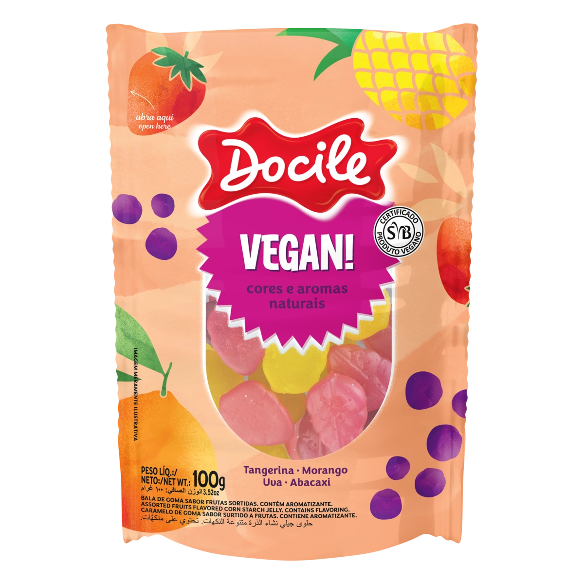 Bala De Goma Vegana Tangerina, Morango, Uva Ou Abacaxi Docile Pacote 100g