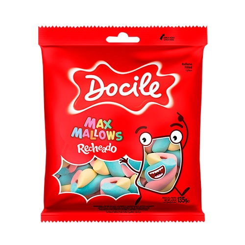 Marshmallow Baunilha Recheio Morango Twist Color Docile Maxmallows Pacote 135g