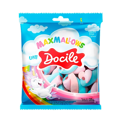 Marshmallow Baunilha Recheio Morango Uni Docile Maxmallows Pacote 135g