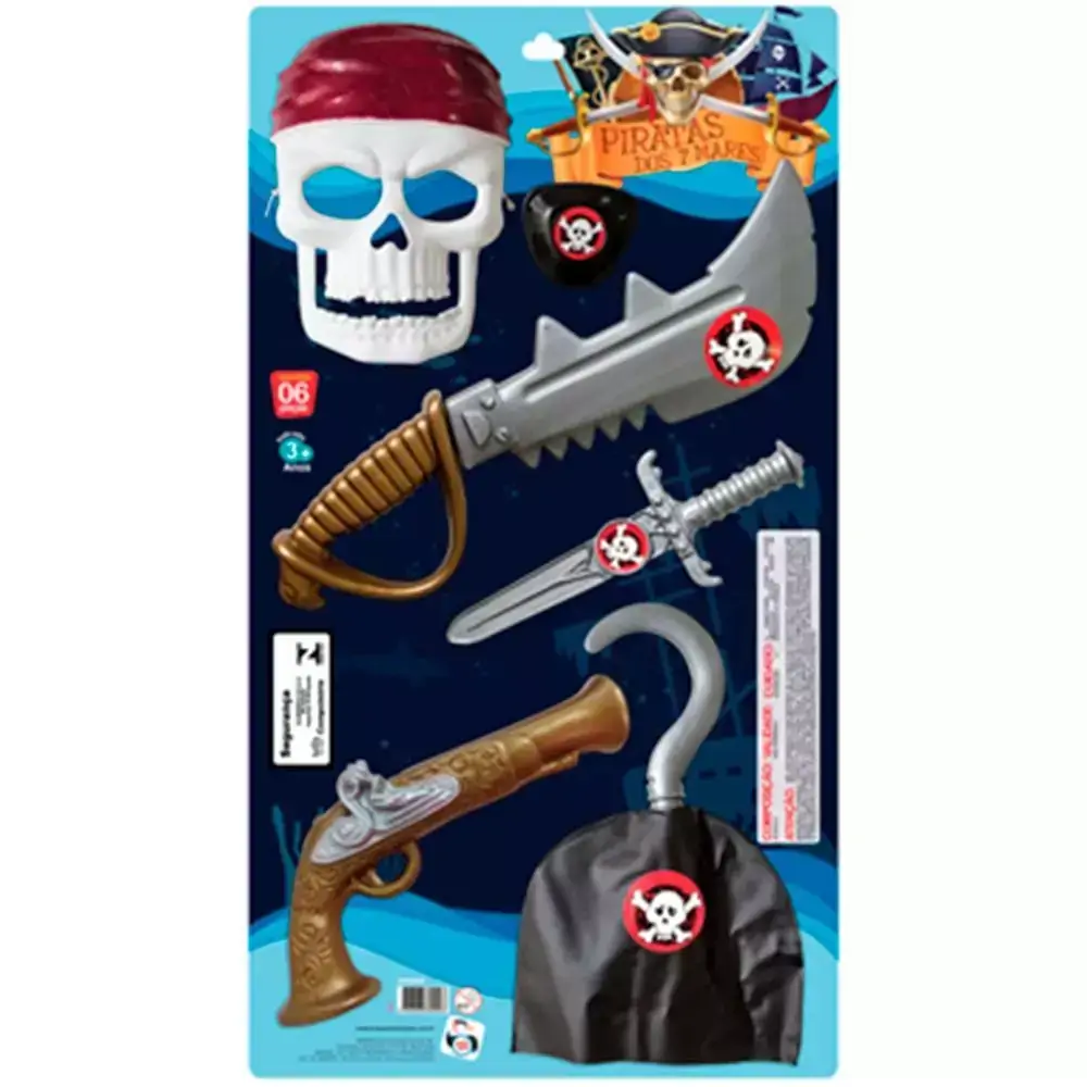 Kit Pirata Com 2 Espadas + Máscara De Caveira E Acessórios Piratas Dos 7 Mares 6 Peças
