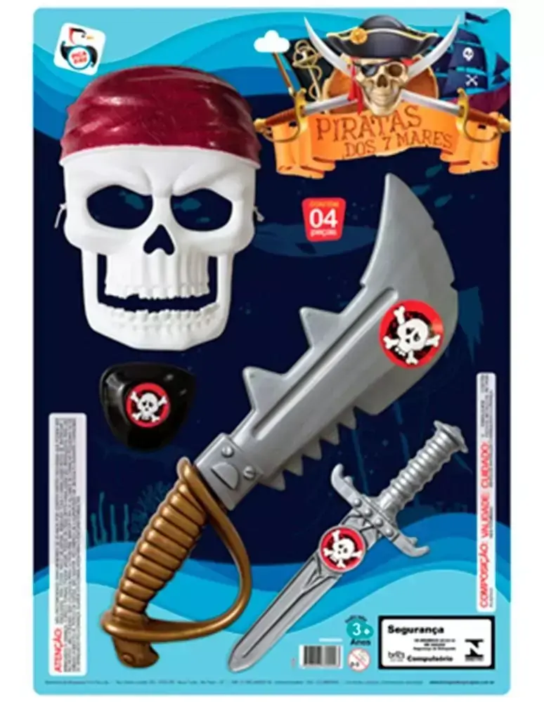 Kit Pirata Com 2 Espadas + Máscara De Caveira E Tapa Olho Piratas Dos 7 Mares 4 Peças