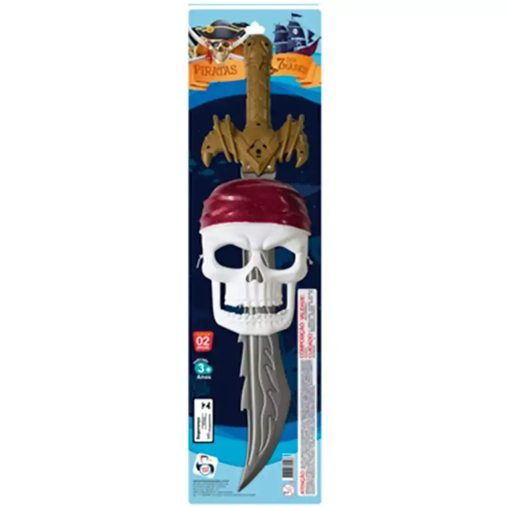 Kit Pirata Com Espada + Máscara De Caveira Piratas Dos 7 Mares 2 Peças