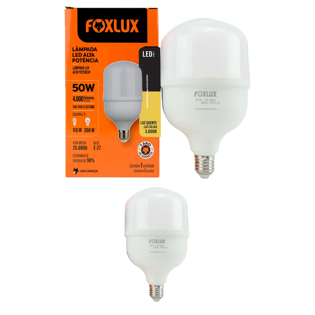 Kit 2 Lâmpada Led De Alta Potência Foxlux E-27 50w 3000k Biv