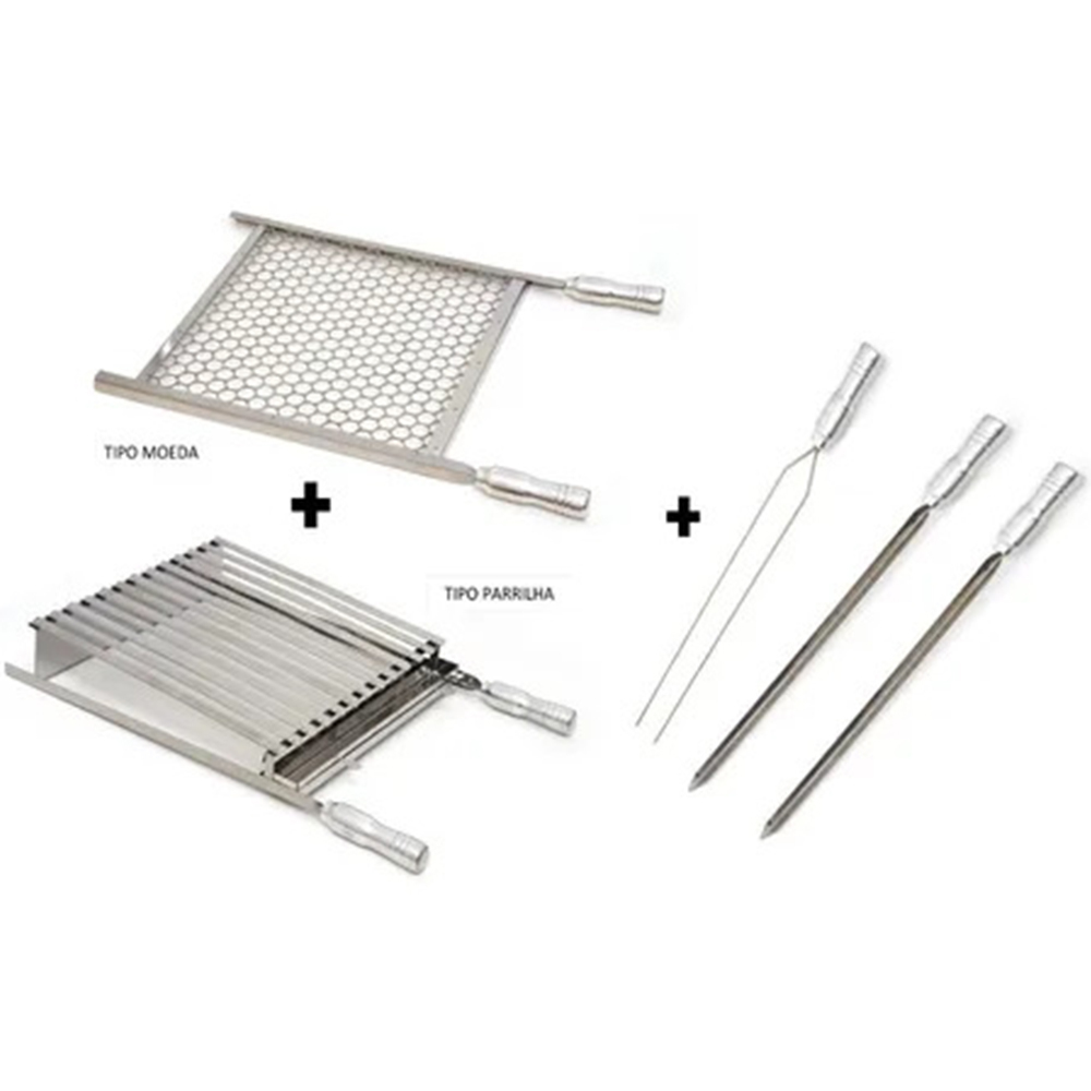 Kit Grelhas Parrilla Tipo Argentina + Grelha Moeda + 3 Espetos Pantheon - Média 40 X 40 - Cabo De Alumínio Cód: 930-2ka