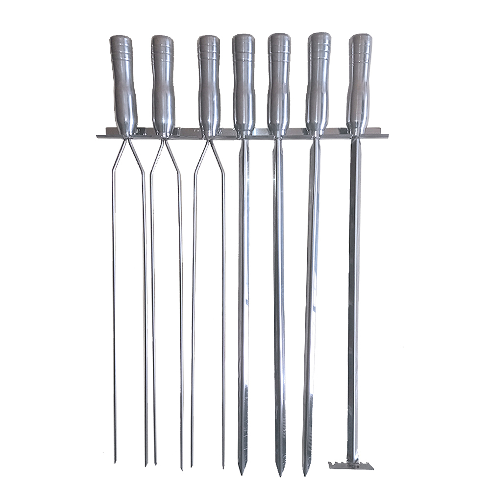 Suporte 6 Espetos Churrasco + 1 Espalha Brasa Com Cabos Em Alumínio Pantheon