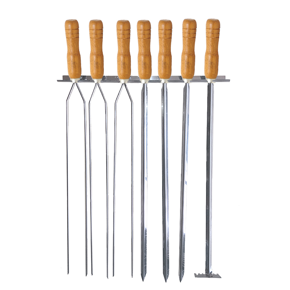 Suporte 6 Espetos Churrasco + 1 Espalha Brasa Aço Inox Cabo Madeira 7pçs