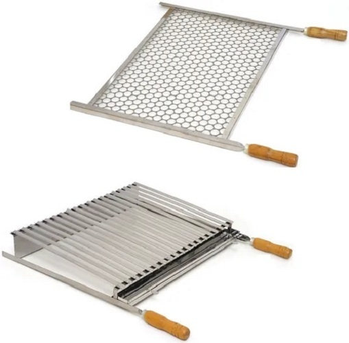 Kit Churrasco Grelha Parrilla + Grelha Moeda Em Inox Pantheon - 50x40 - Cabo Madeira Cód: Kgr-p.m-50m