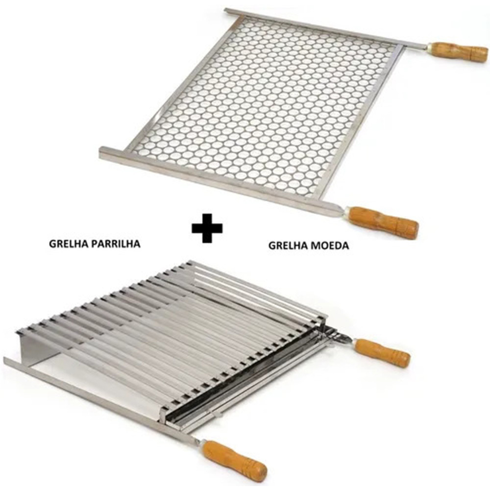 Kit Grelhas Parrilla Tipo Argentina + Grelha Moeda Pantheon - Extra Grande 60 X 40 - Cabo De Madeira Cód: Kgr-p.m-60m