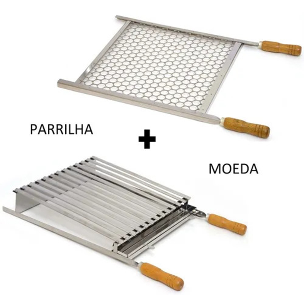 Kit Grelha Parrilla Tipo Argentina + Grelha Moeda - Média 40 X 40 - Cabo De Madeira Cód: Kgr-p.m-40m