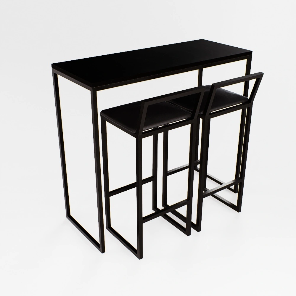 Bancada Cozinha Balcão Gourmet 120cm Preto Com 2 Banqueta Estofada Pt - Preto