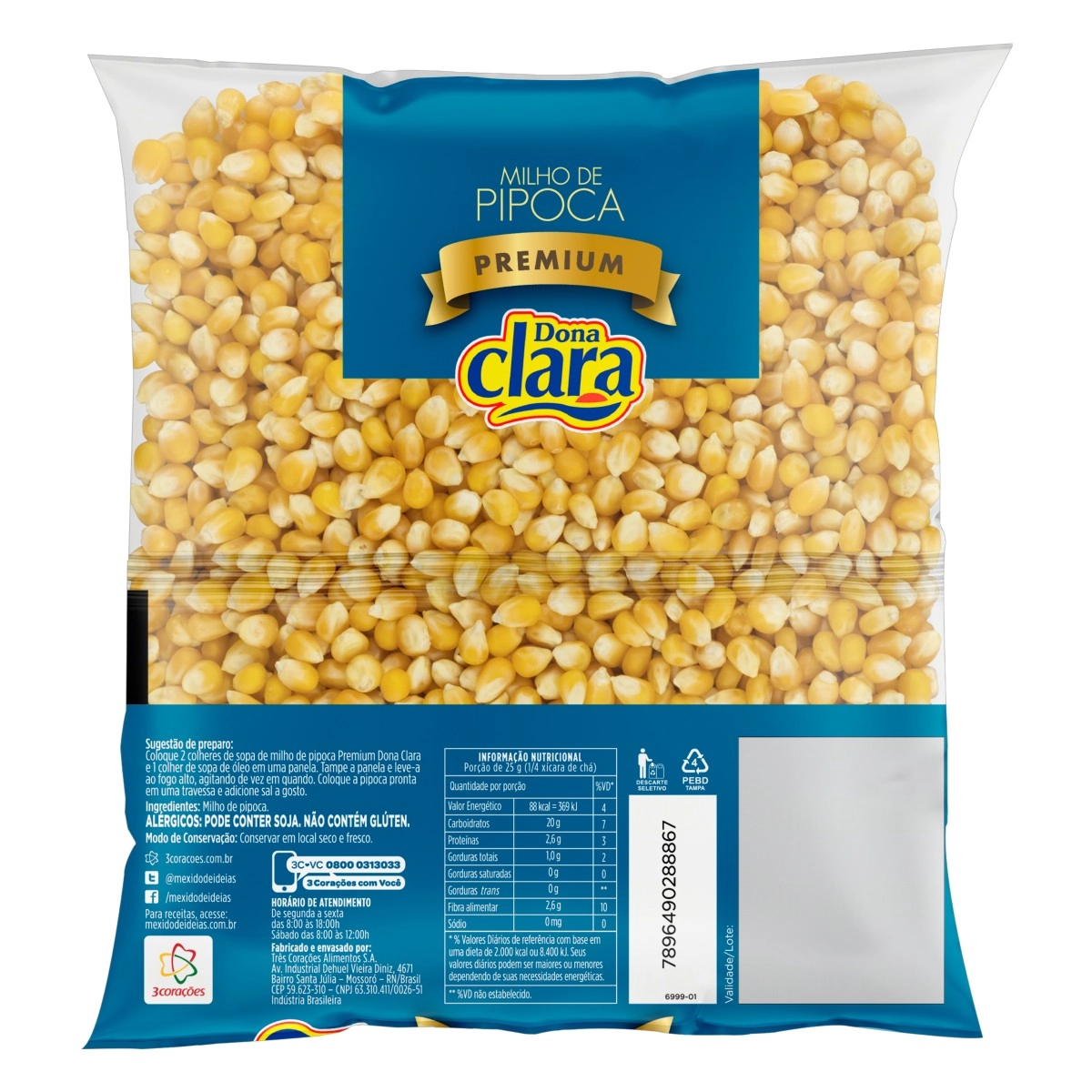 Milho Para Pipoca Tipo 1 Dona Clara Premium Pacote 500g