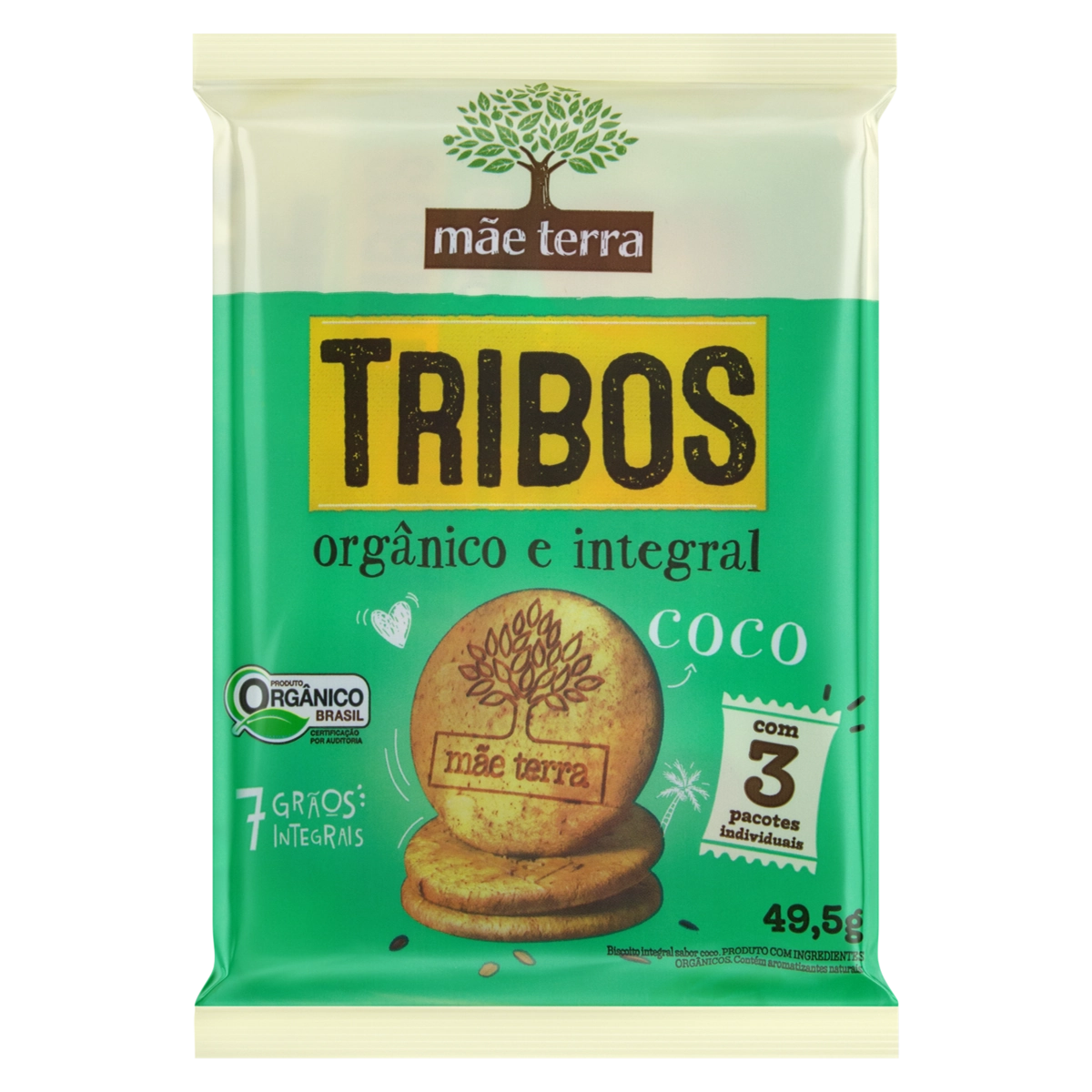 Pack Biscoito Integral Orgânico Coco Mãe Terra Tribos Pacote 49,5g 3 Unidades
