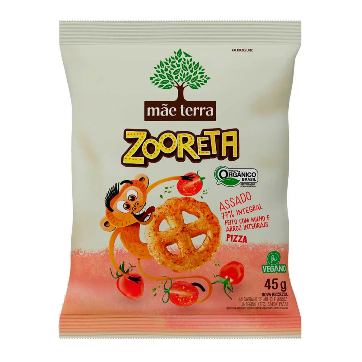 Salgadinho de Milho e Arroz 75% Integral Assado Orgânico Pizza Mãe Terra Zooreta 45g