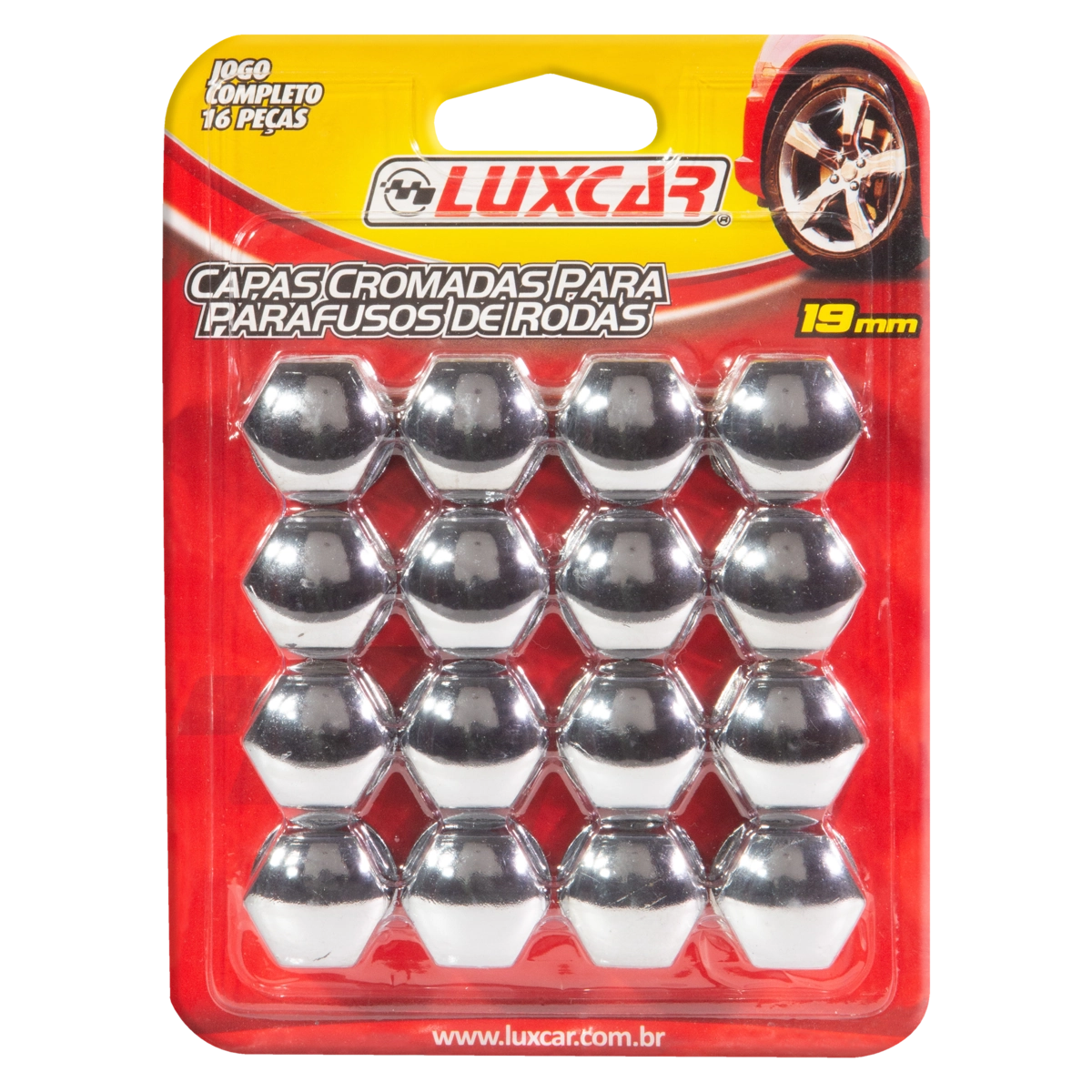 Jogo Capas Cromadas Para Parafusos De Rodas Luxcar 19mm Blister 16 Unidades