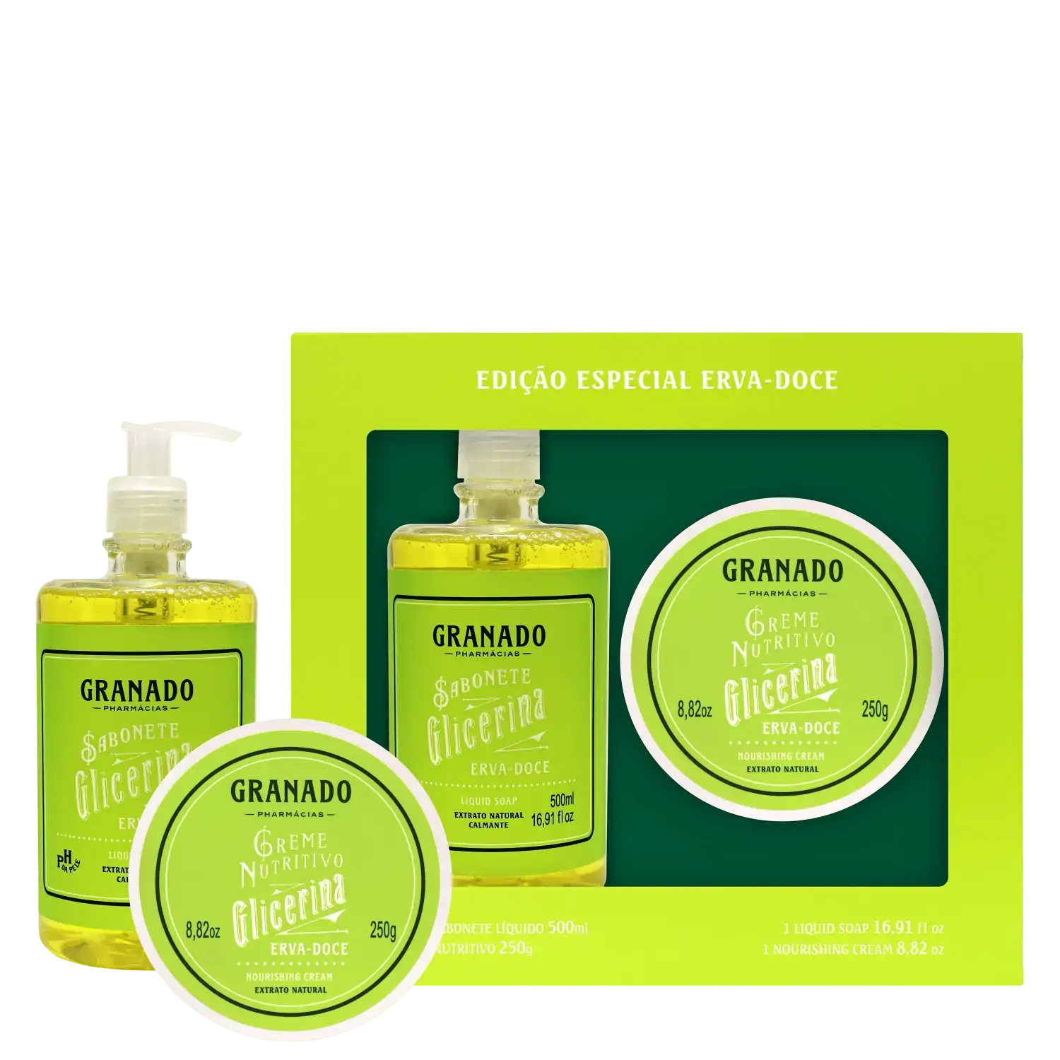 Kit Sabonete Líquido 500ml Creme Nutritivo 250g Erva Doce Granado Glicerina