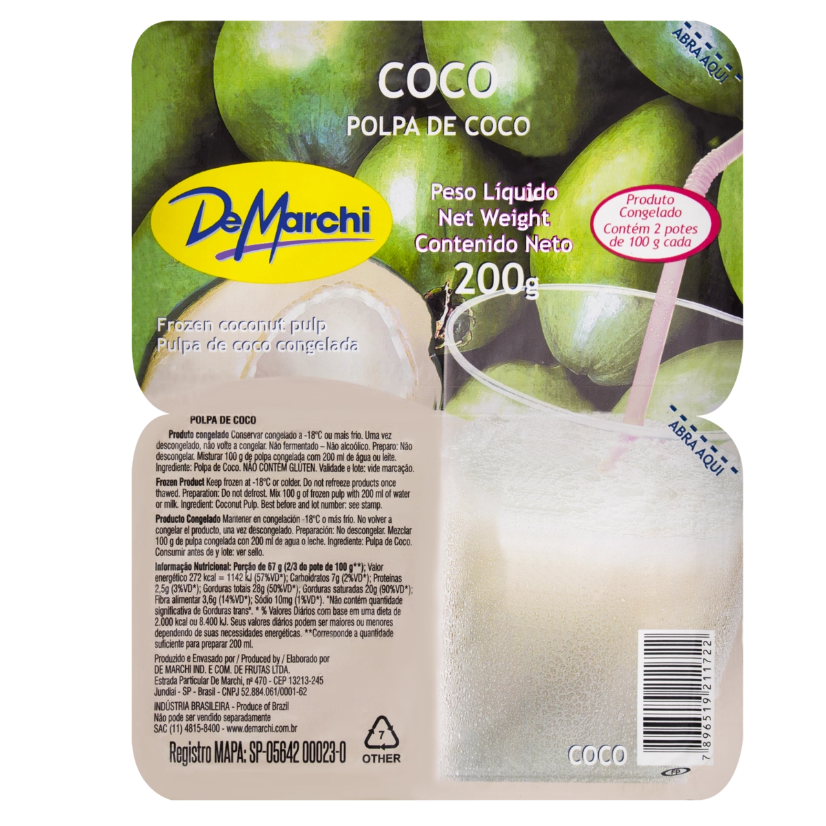 Polpa De Fruta Coco De Marchi Bandeja 200g 2 Unidades