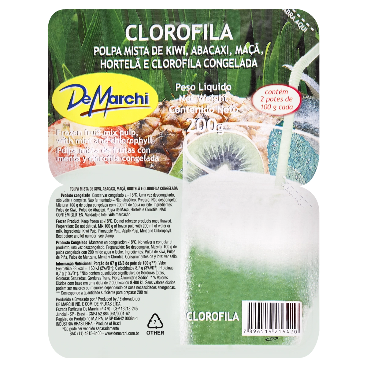 Polpa De Fruta Kiwi, Abacaxi, Maçã, Hortelã E Clorofila De Marchi Bandeja 200g 2 Unidades