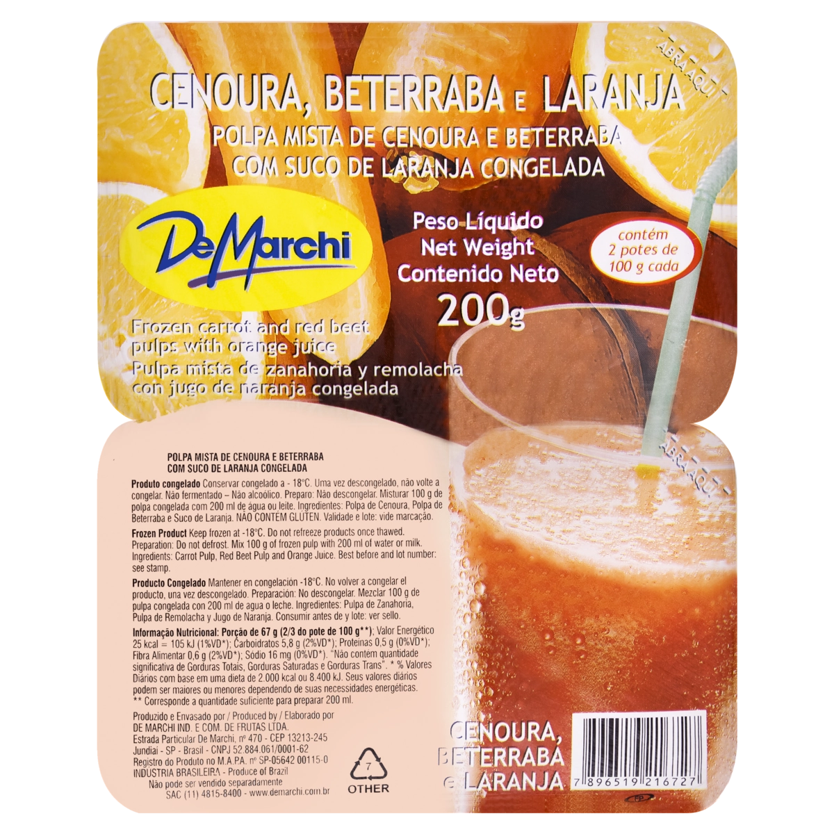 Polpa De Fruta Cenoura, Beterraba E Laranja De Marchi Bandeja 200g 2 Unidades