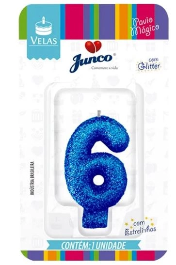 Vela Aniver Junco Live Colors Glitter N6 Azul