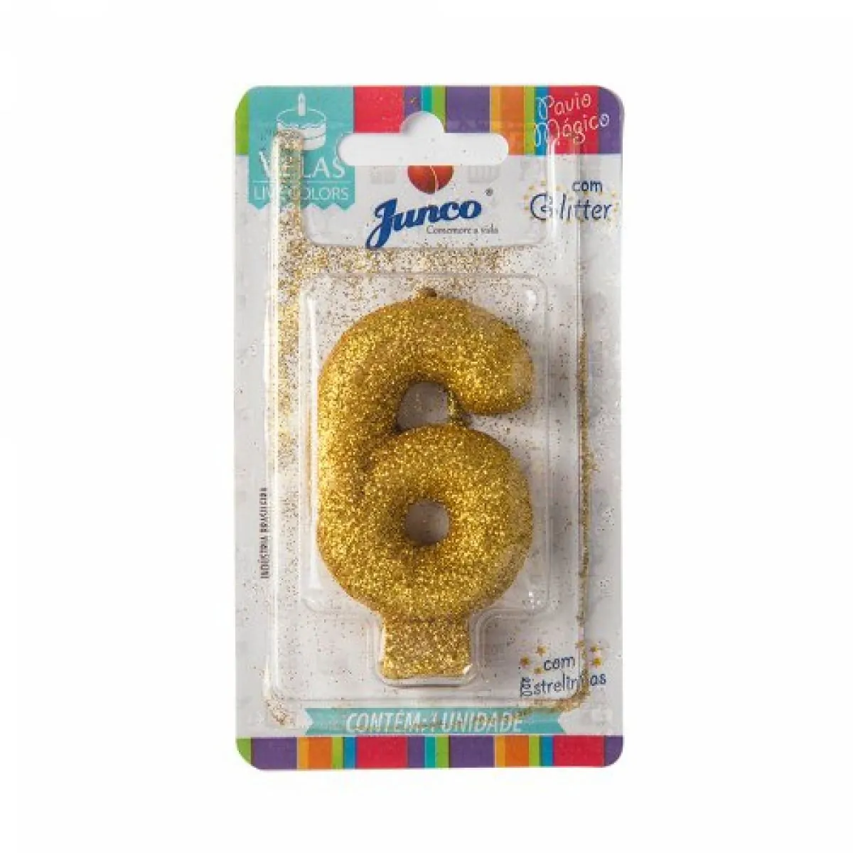 Vela de Aniversário Live Colors com Glitter Junco N.6 Ouro Unidade
