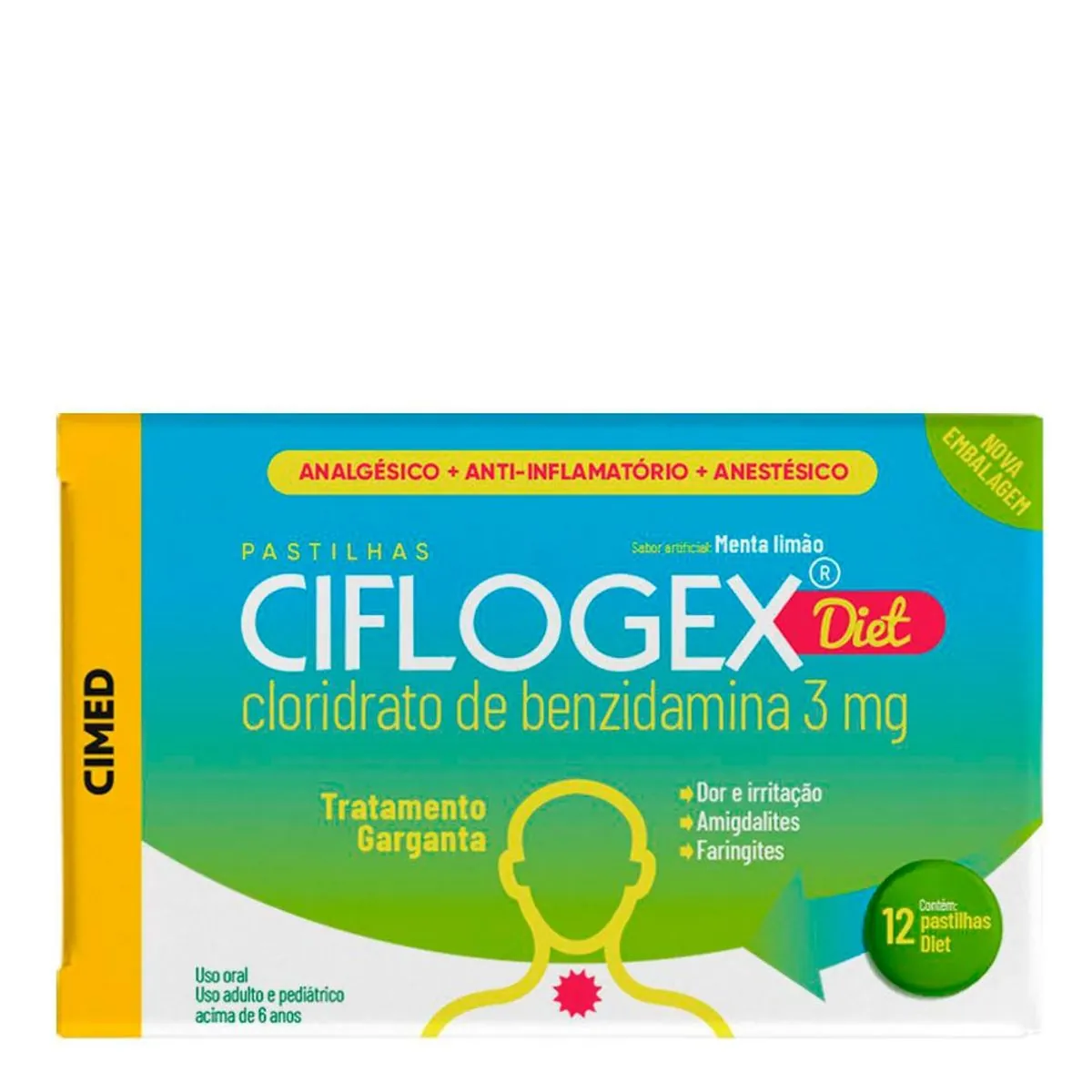 Pastilhas Para Garganta Ciflogex Diet Sabor Menta Com 12 Unidades