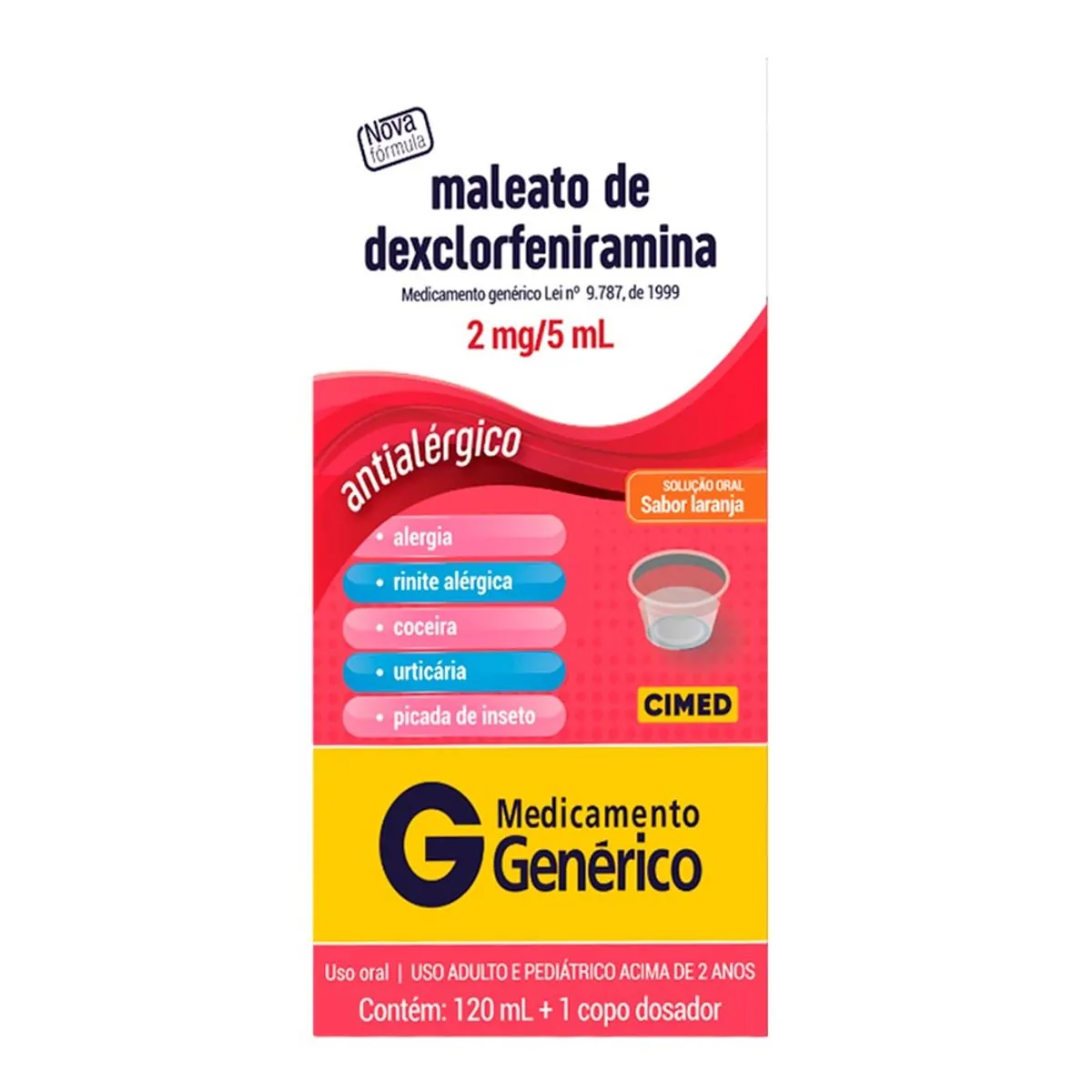 Maleato De Dexclorfeniramina 2mg/5ml Laranja Cimed Caixa 120ml Solução Oral Copo Dosador