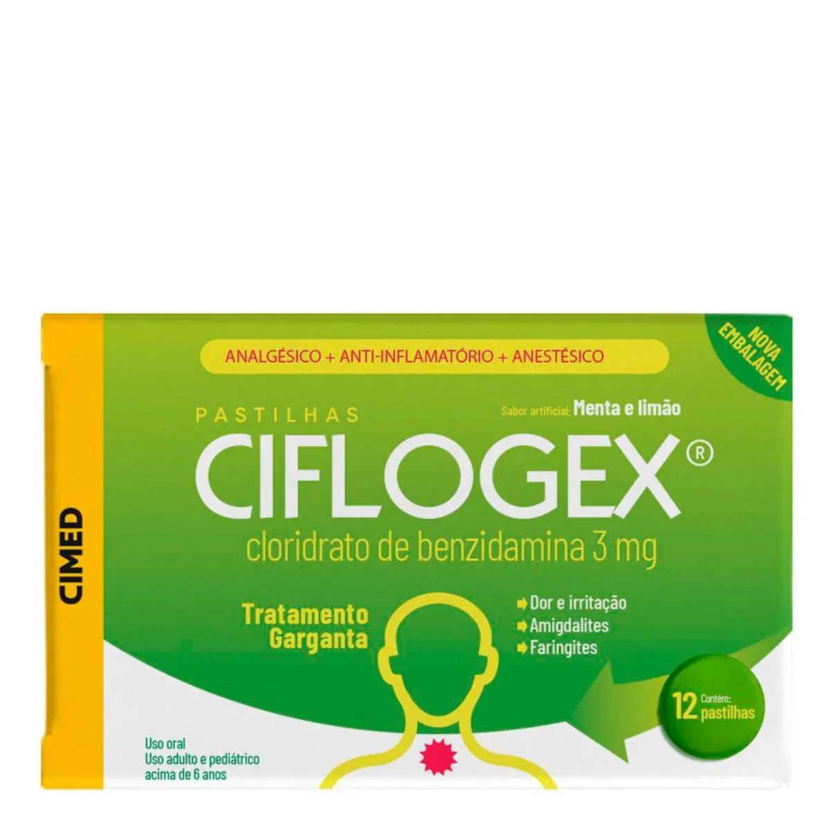 Pastilhas Para Garganta Ciflogex Sabor Menta e Limão Com 12 Unidades