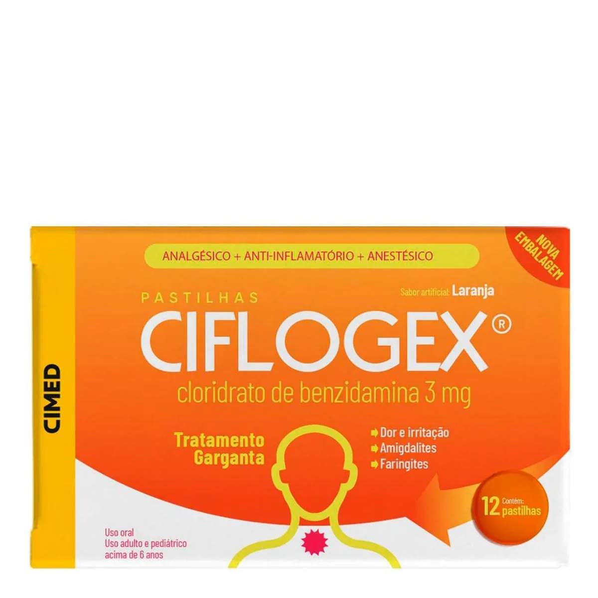 Pastilhas Para Garganta Ciflogex Sabor Laranja Com 12 Unidades