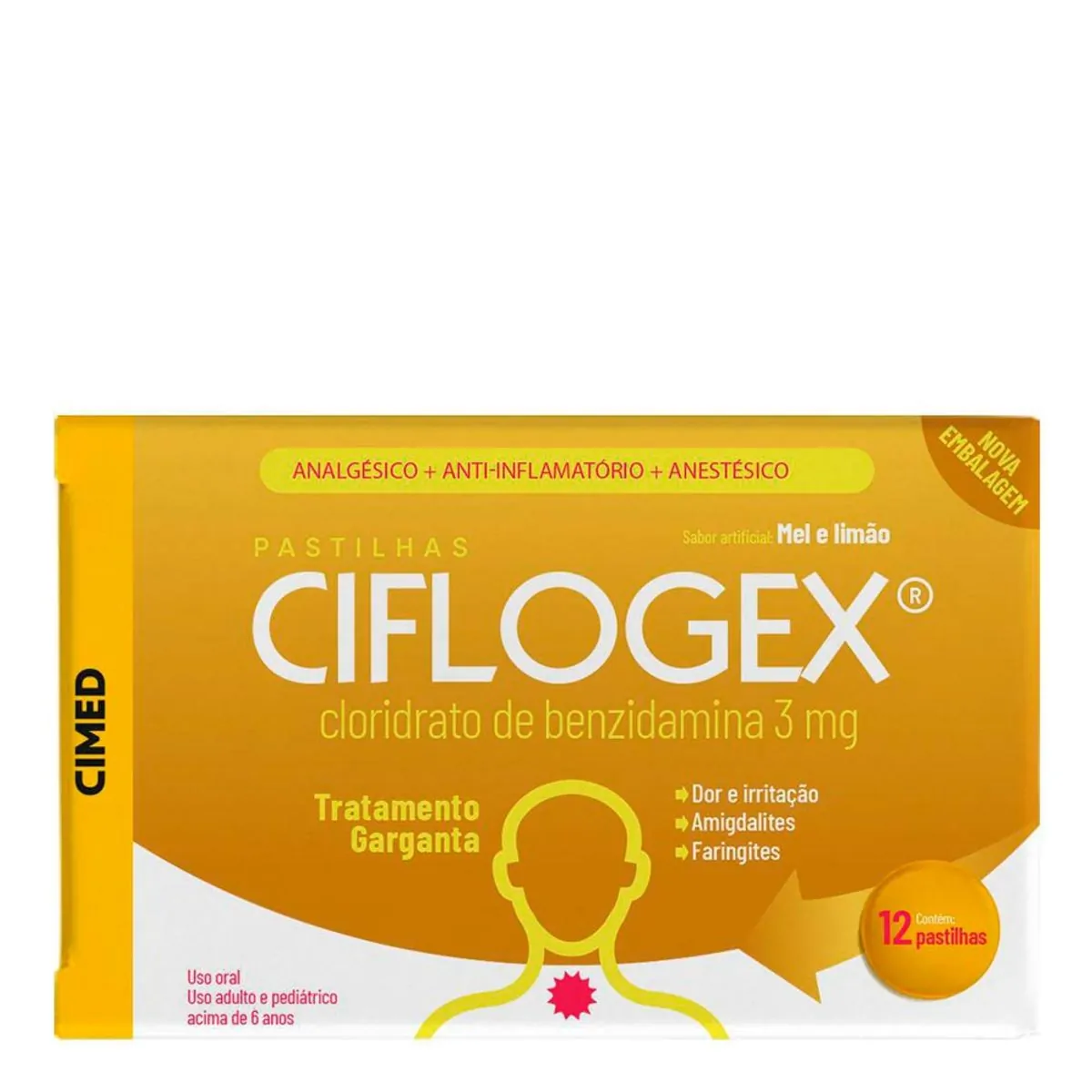 Pastilhas Para Garganta Ciflogex Sabor Mel e Limão Com 12 Unidades