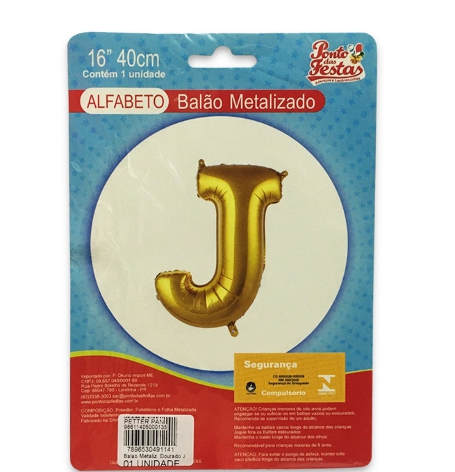Balao Metalizado Dourado Letra J