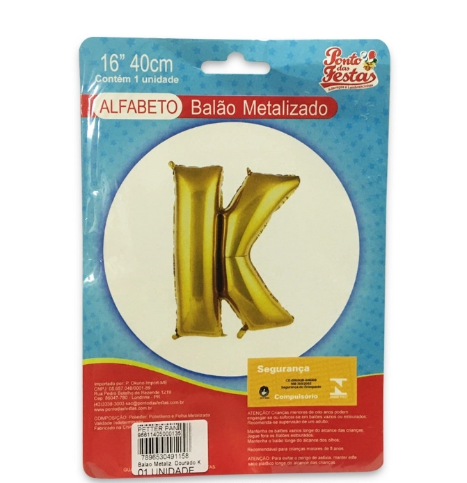 Balao Metalizado Dourado Letra K