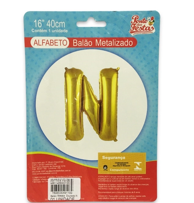 Balao Metalizado Dourado Letra N