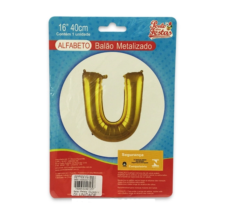 Balao Metalizado Dourado Letra U