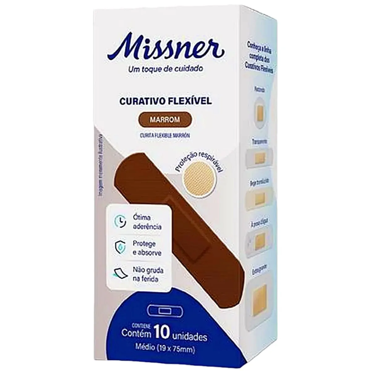 Curativo Flexível Missner - Marrom - 19x75mm - Embalagem com 10 curativos