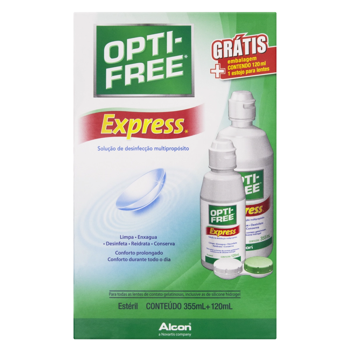 Opti Free Express Alcon Caixa 475ml Grátis 120ml E Estojo Para Lentes
