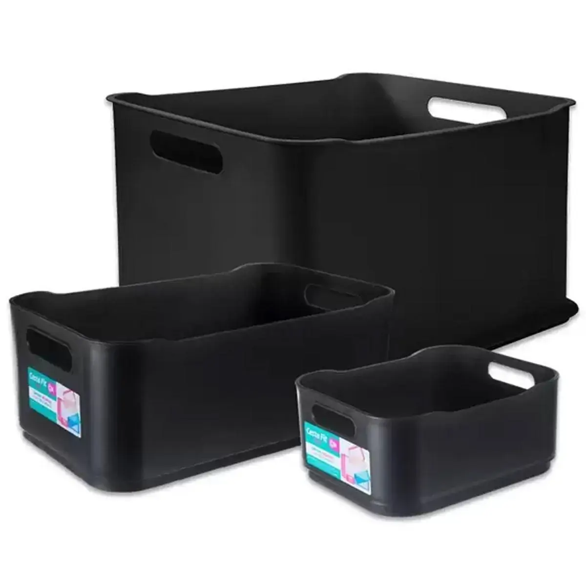 Kit 3 Cestas Organizadoras Retangulares Grande Média e Pequena com Alças Laterais Coza Preto