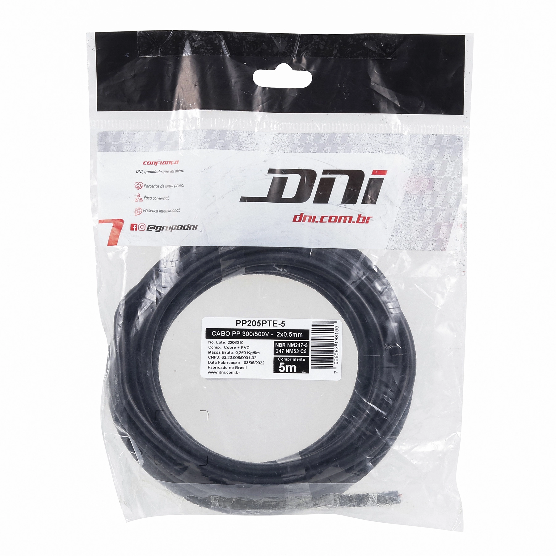 Cabo Flexível PP 2x0,5mm 5m Preto DNI