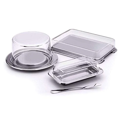 Kit Café Da Manhã Queijeira Porta Frios Manteigueira e Espátula Aço Inox