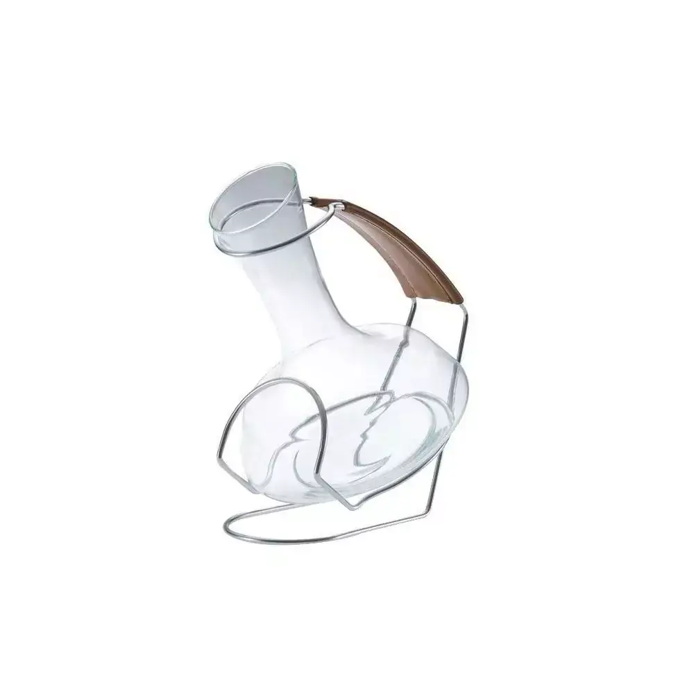 Decanter Vidro Com Suporte Alça Em Couro Vinho Chique 900ml