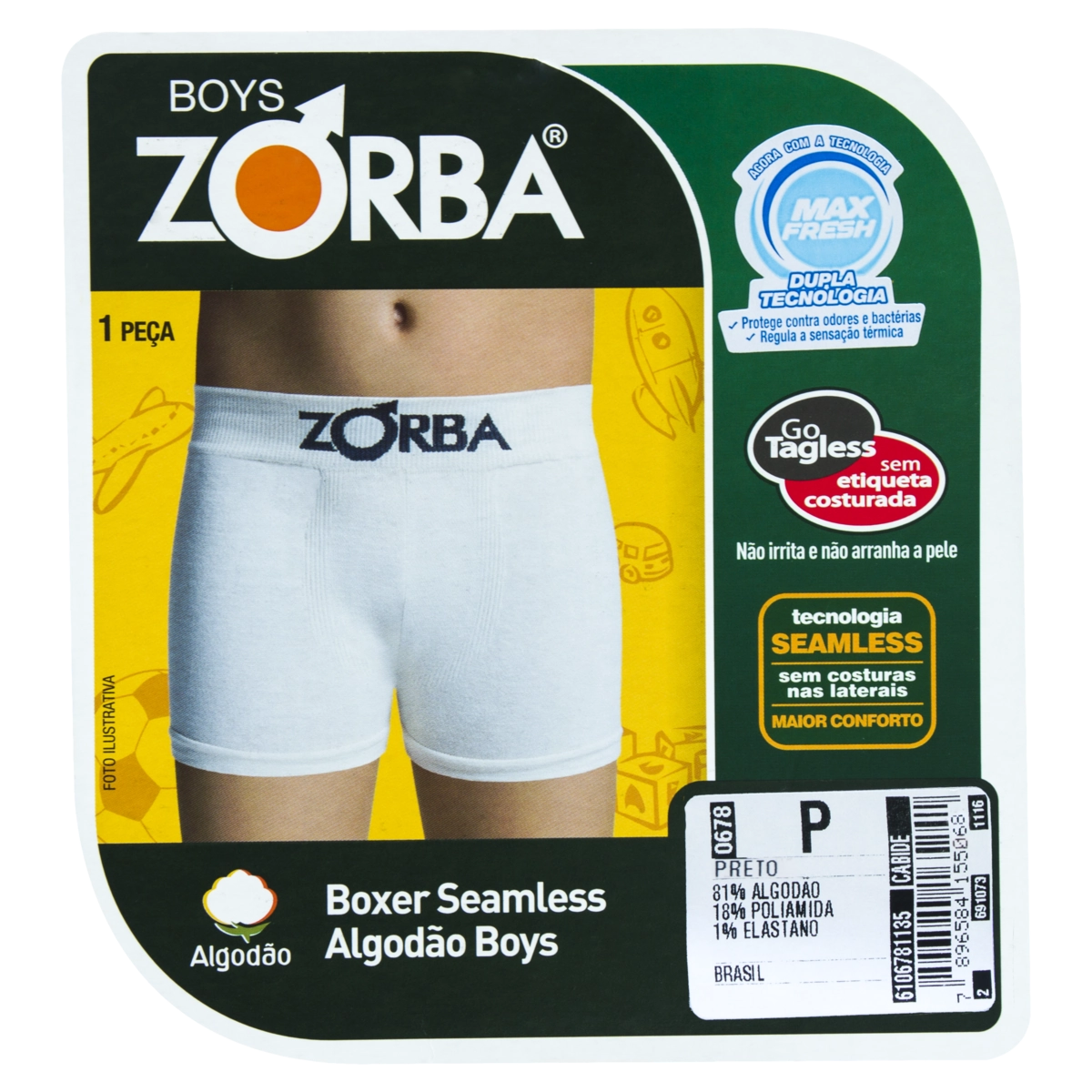 Cueca Boxer Preta Seamless Algodão Boys Zorba Tamanho P