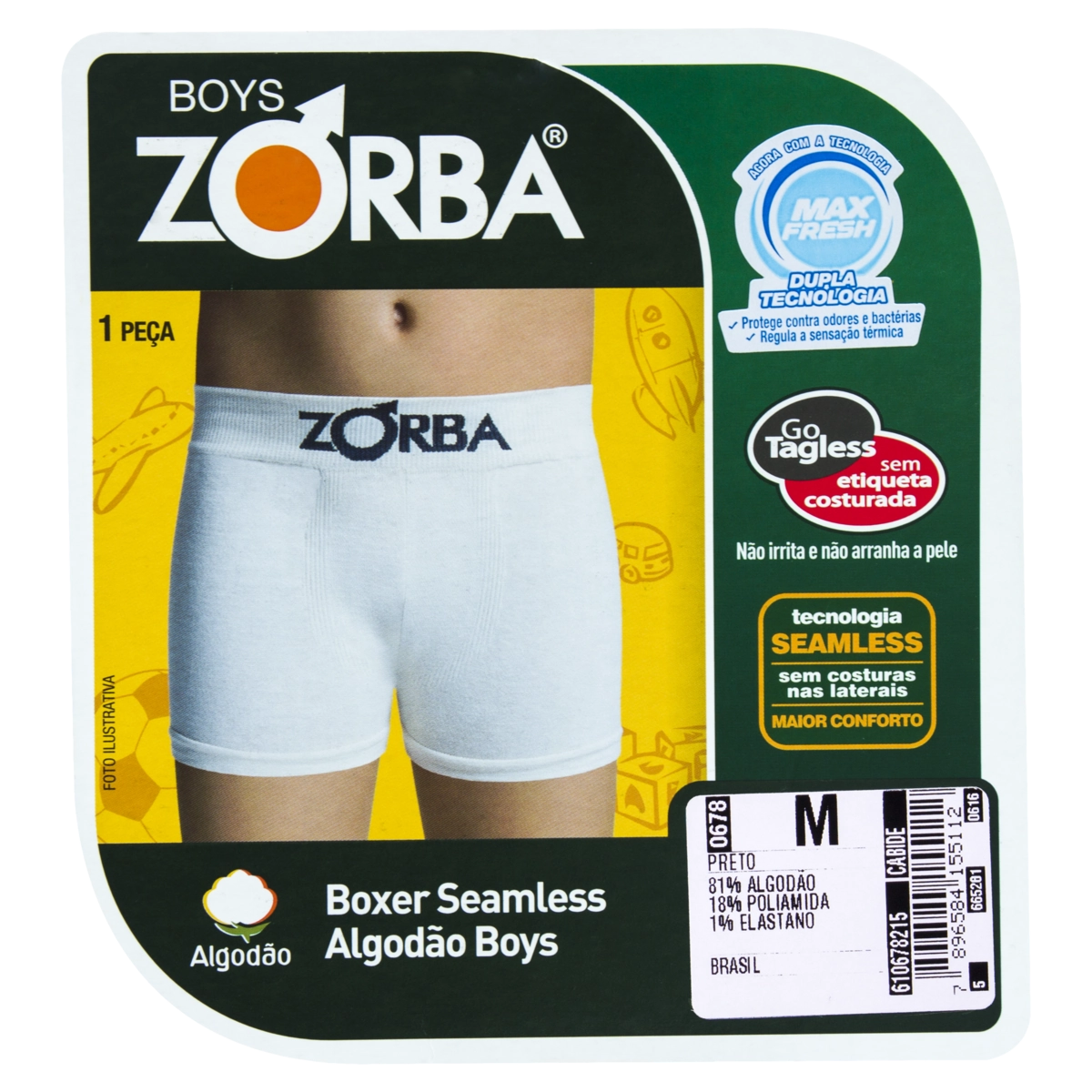Cueca Boxer Preta Seamless Algodão Boys Zorba Tamanho M