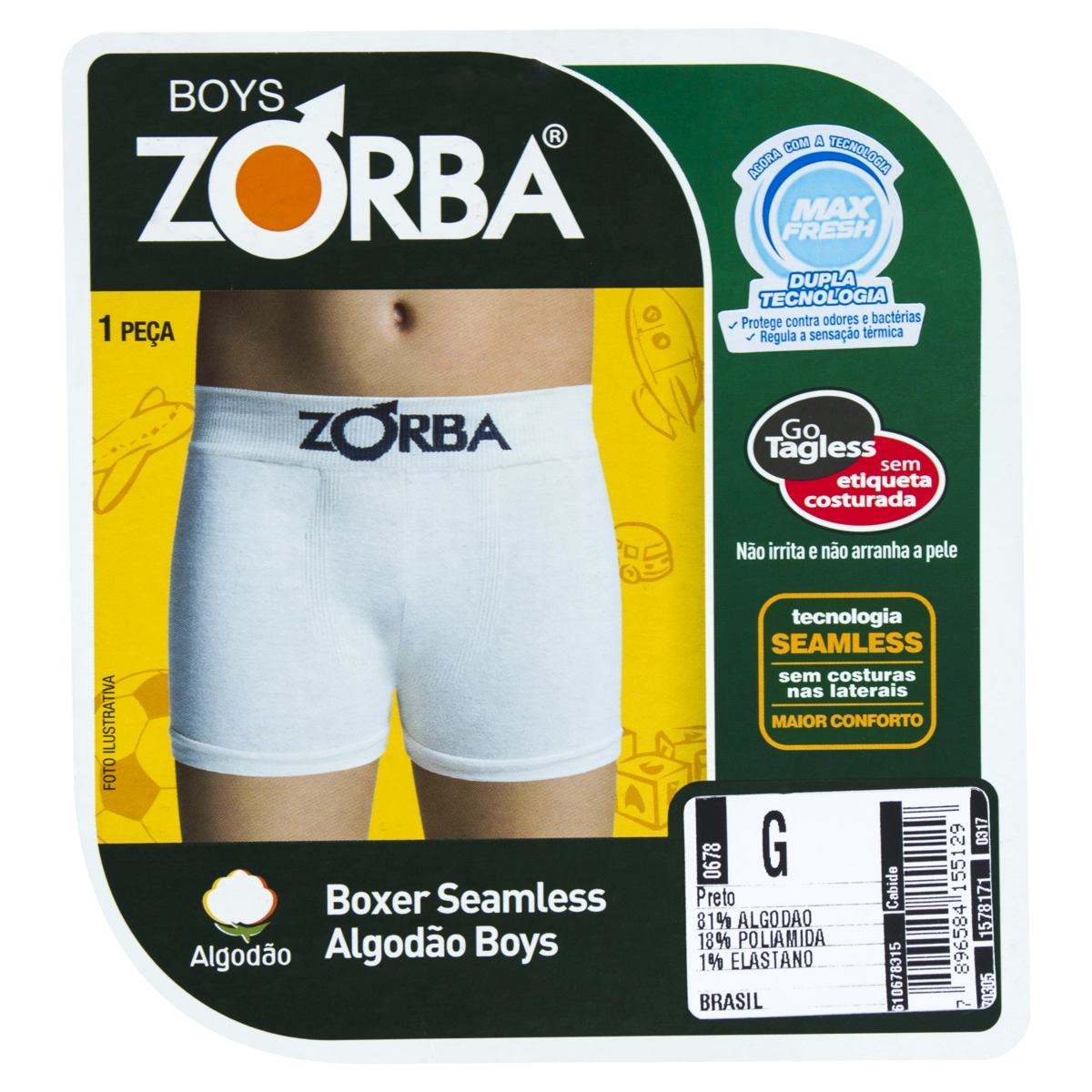 Cueca Boxer Preta Seamless Algodão Boys Zorba Tamanho G