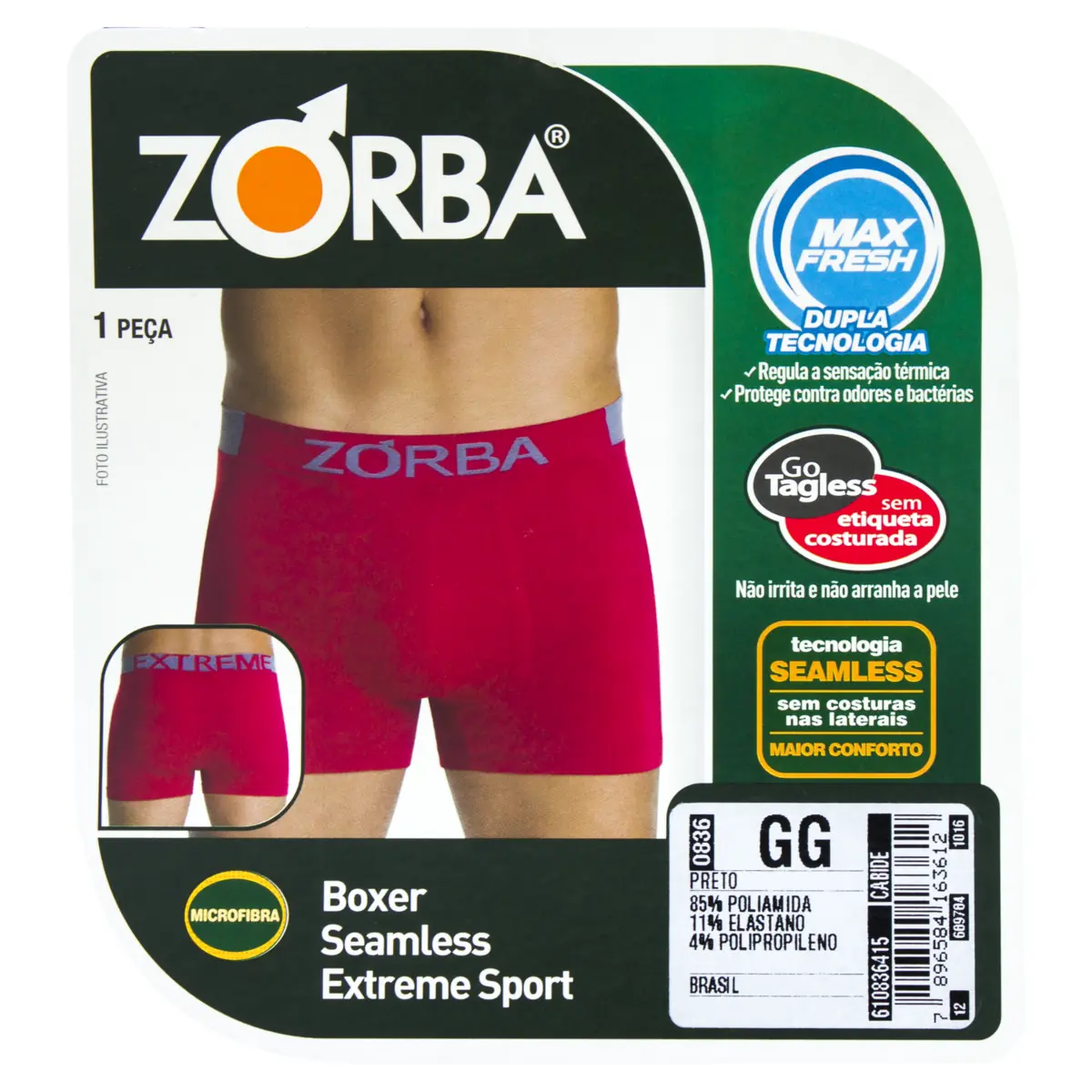 Cueca Boxer Preta Seamless Extreme Sport Zorba Tamanho Gg