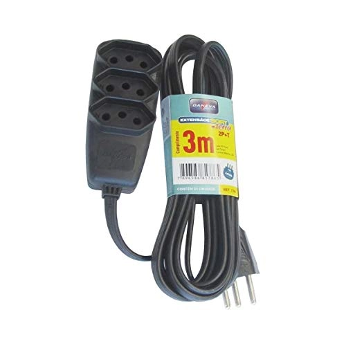 Extensão em Abs Sort Pp 3 Tomadas E 2 Polos + Terra 10a 250v com 3 Metros Preta