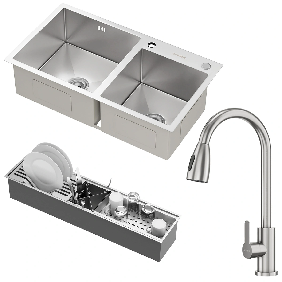 Kit Cuba Dupla Nápoles Aço Inox 304 Calha Oragnizadora Aço Inox E Torneira Roma Aço Inox Goldenx