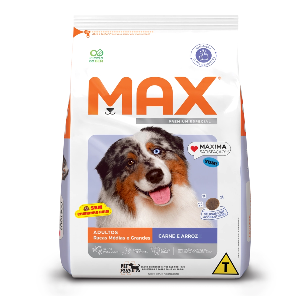Max Para Caes Adultos De Porte Medio E Grande Sabor Carne E Arroz 3kg