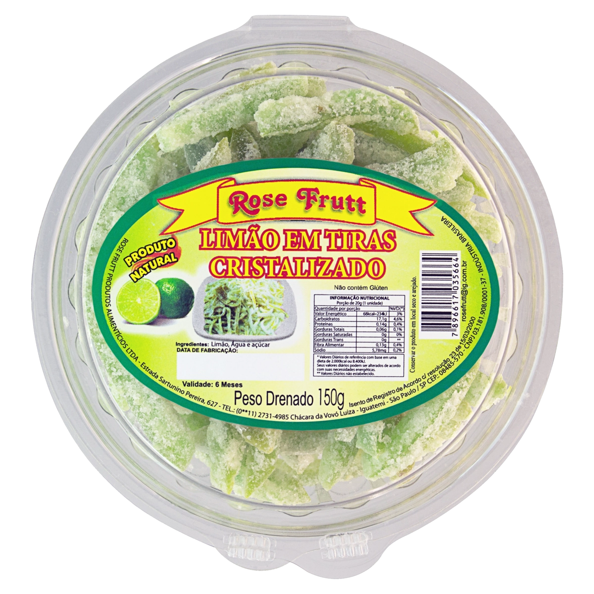 Limão Cristalizado Em Tiras Rose Frutt Pote 150g