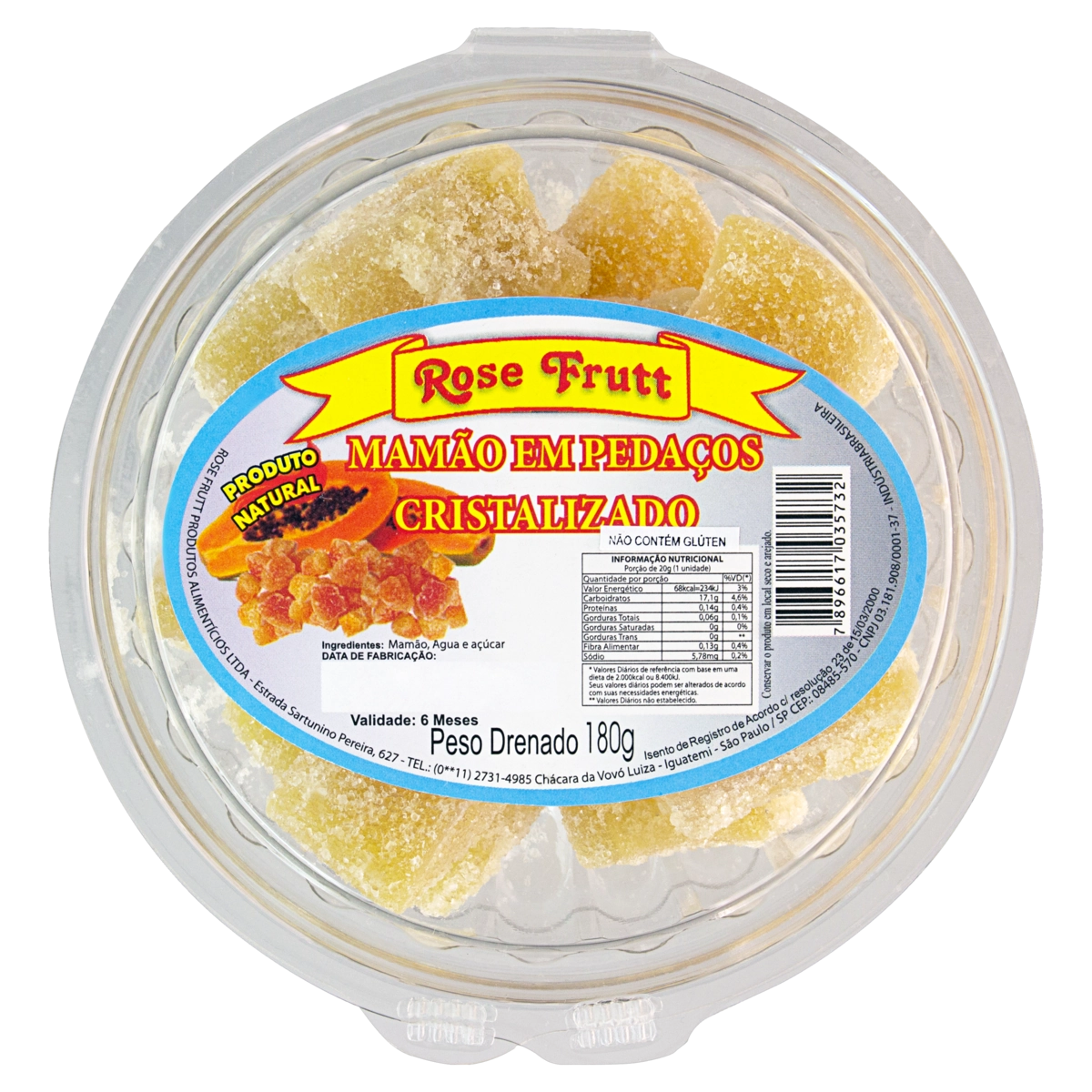 Mamão Cristalizado Em Pedaços Rose Frutt Pote 180g