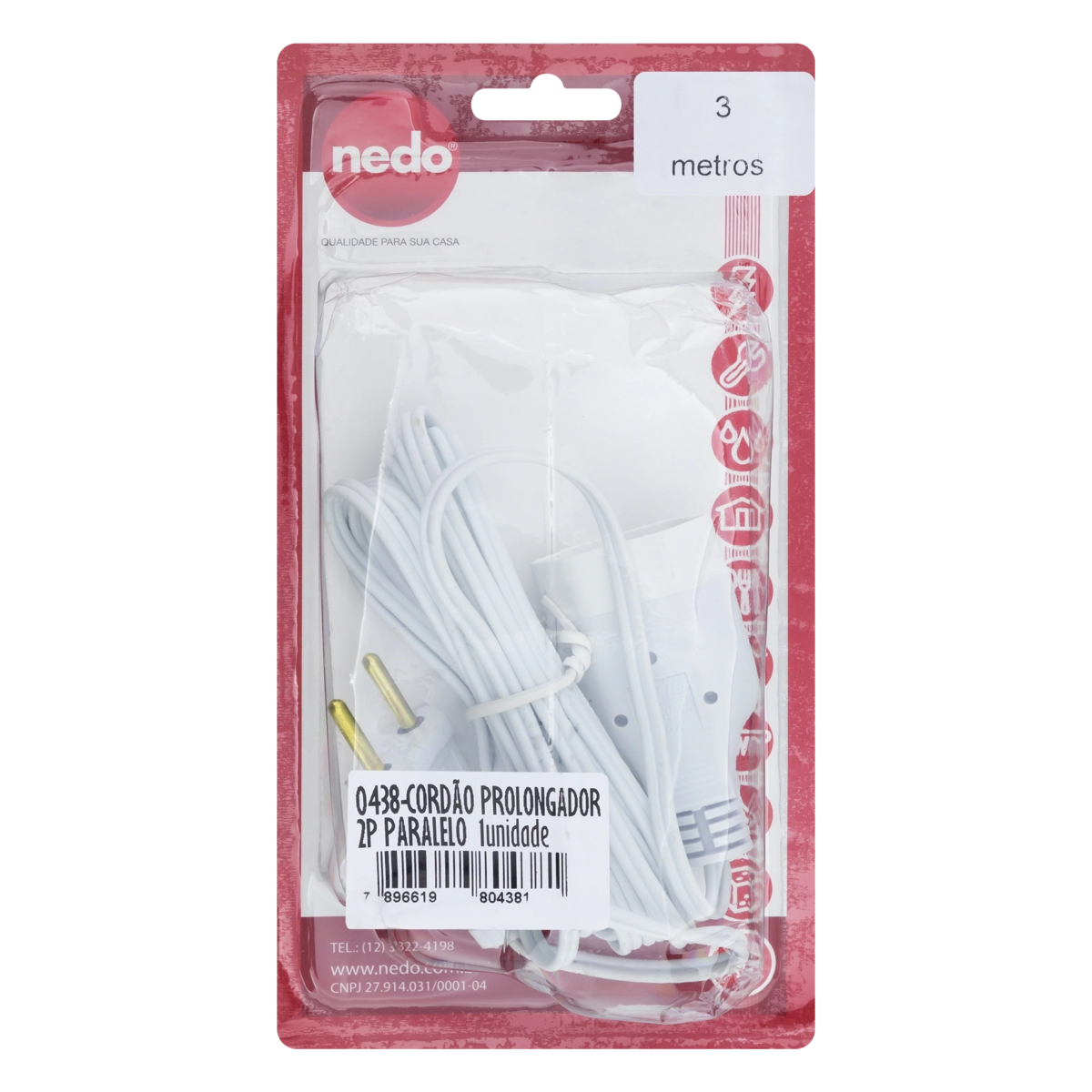 Cordão Prolongador Branco 2p Nedo 3m X 0,75mm 127v 250v