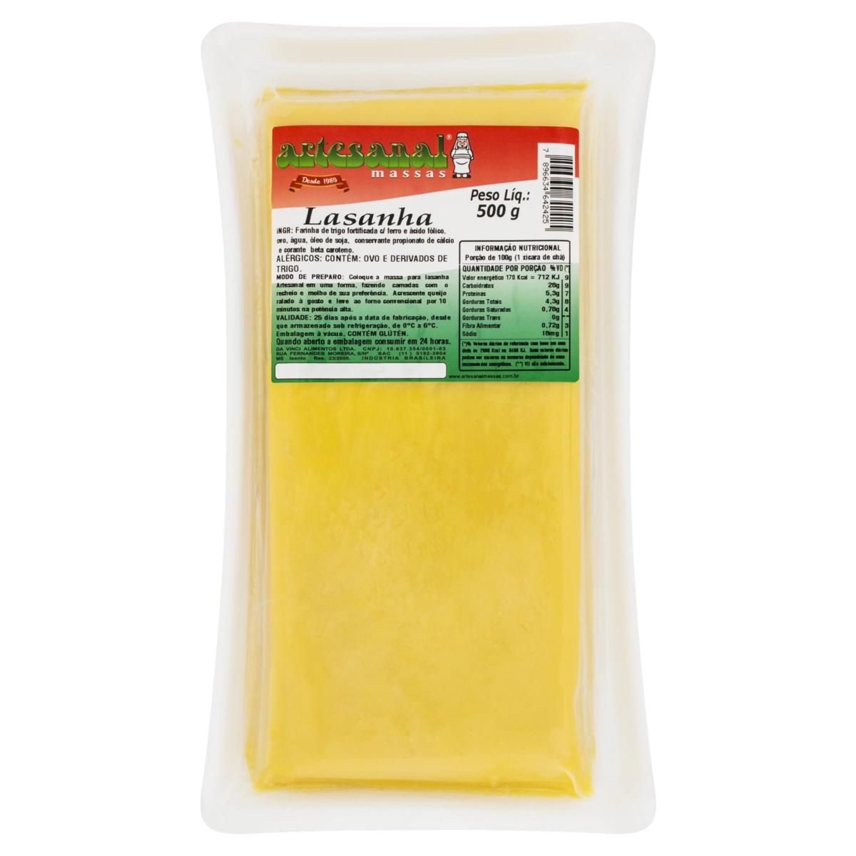 Massa Para Lasanha Fresca Artesanal Massas 500g